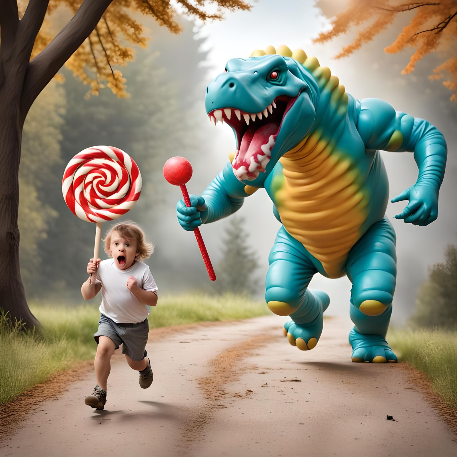 Dinosaur With Hammer Chasing a Child running with a candy lo...