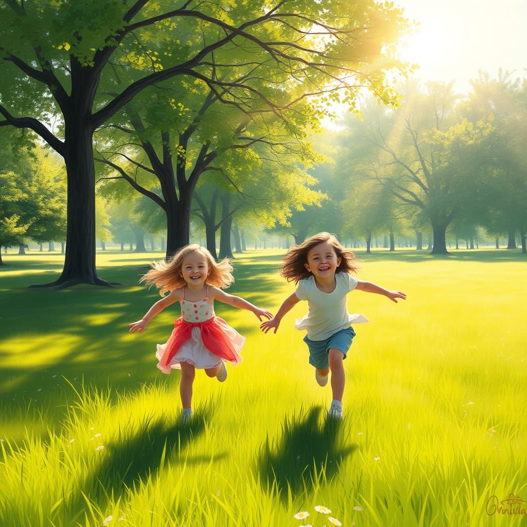 Joyful Children Running in Sun-Dappled Park