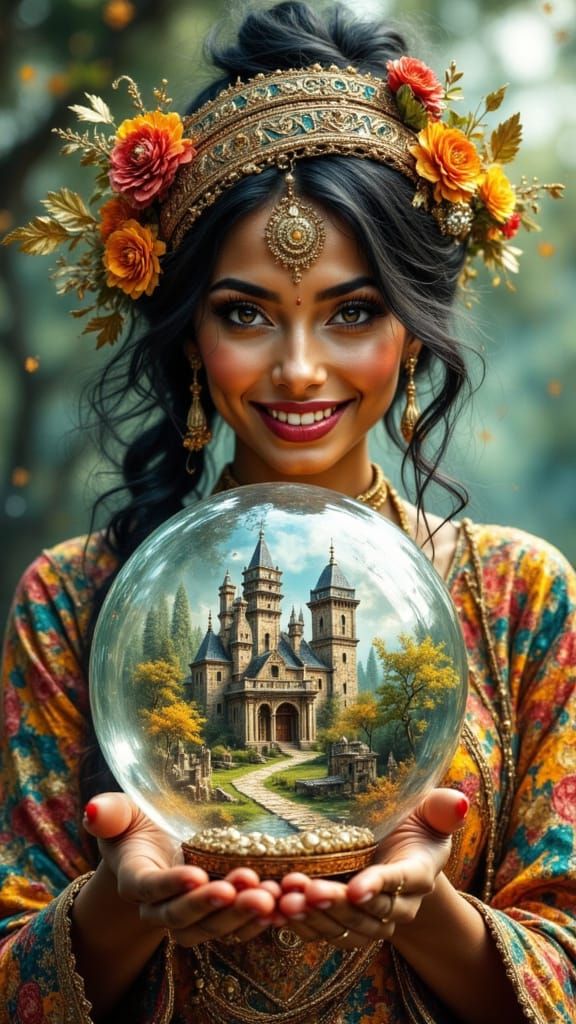 A smiling attractive brown-skinned Gypsy, immaculately dressed <lora:Ancient Gold:1.0> holding glass orb, Daytime a Tilt-shift double exposu...