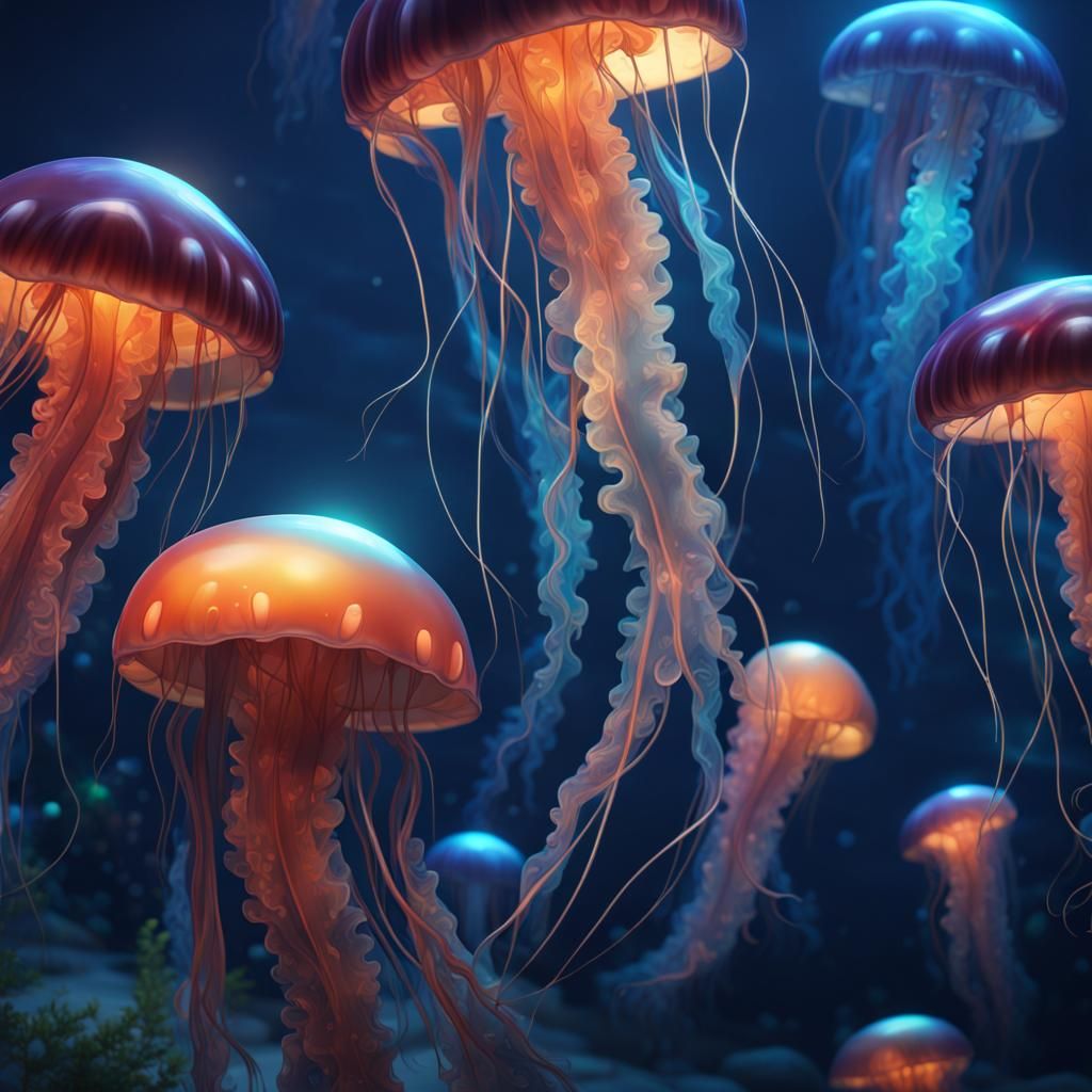 Glowy Jellyfishes Under The Sea