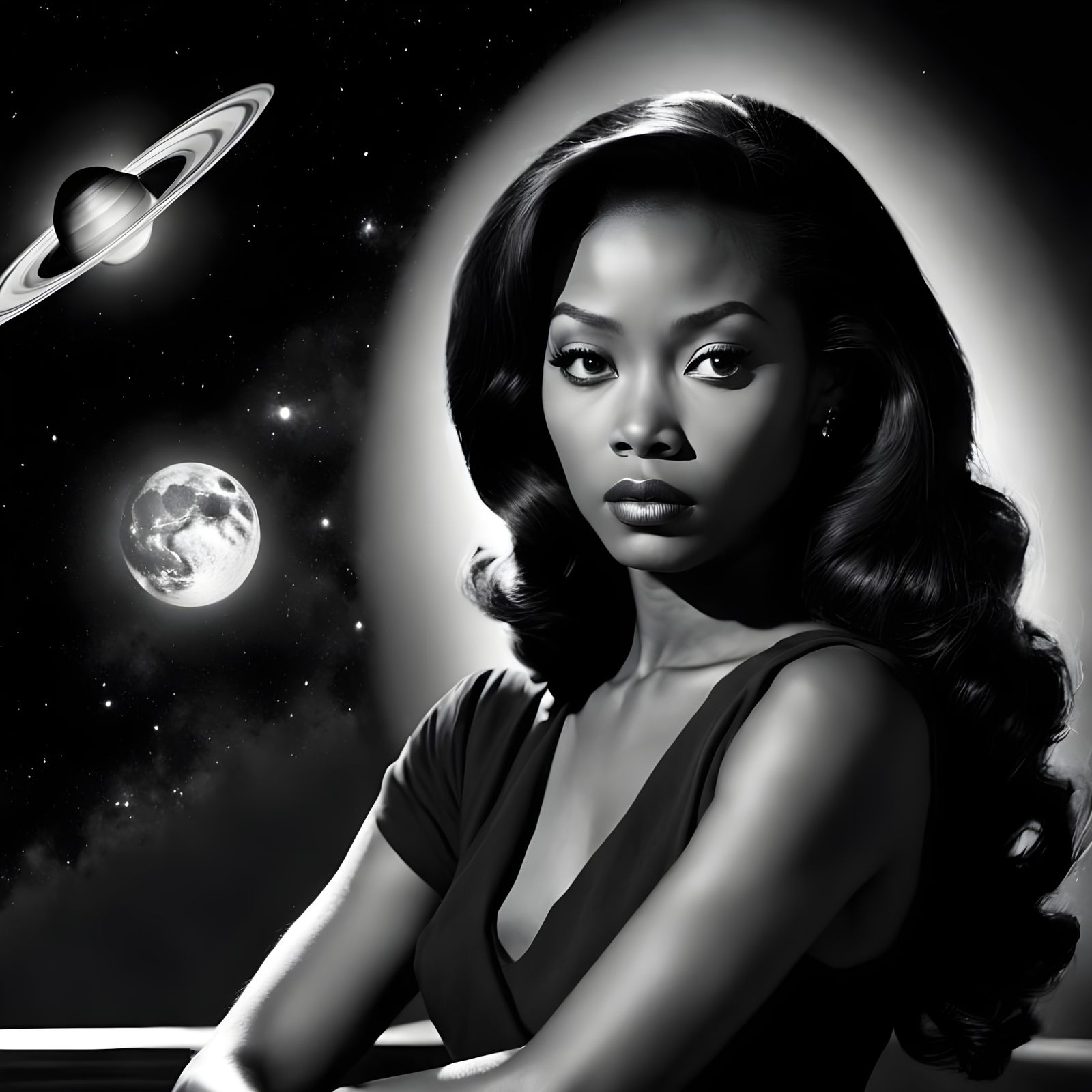 Multicultural Goddess in Cosmic Film Noir Style
