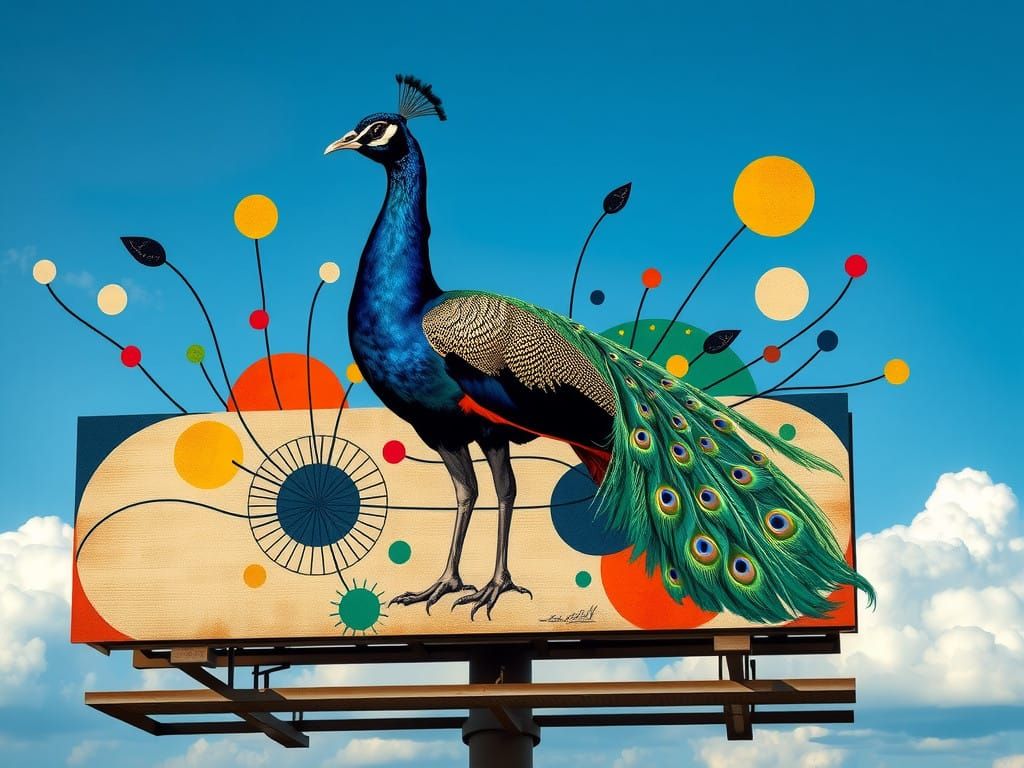 Vibrant Peacock Billboard Art in Geometric Whimsy