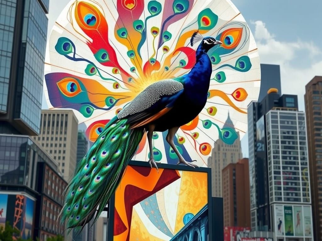 Vibrant Peacock Billboard in Downtown Cityscape with Kandins...