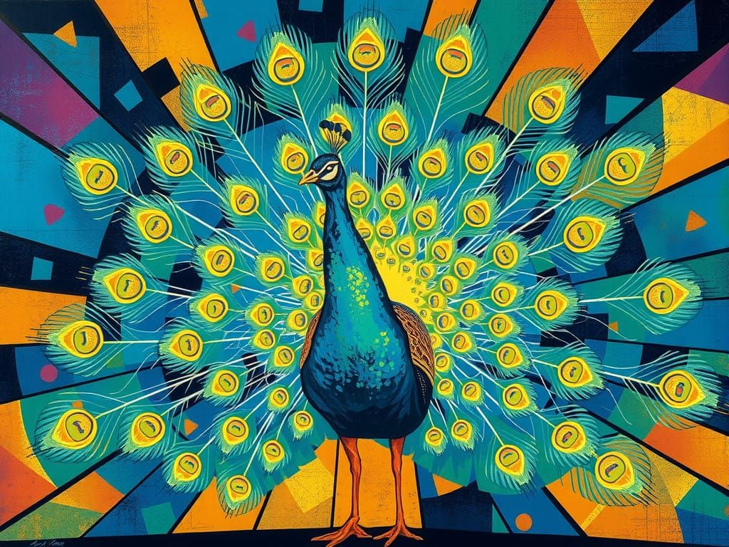 Vibrant Peacock Radiates Inner Light in Abstract Glory