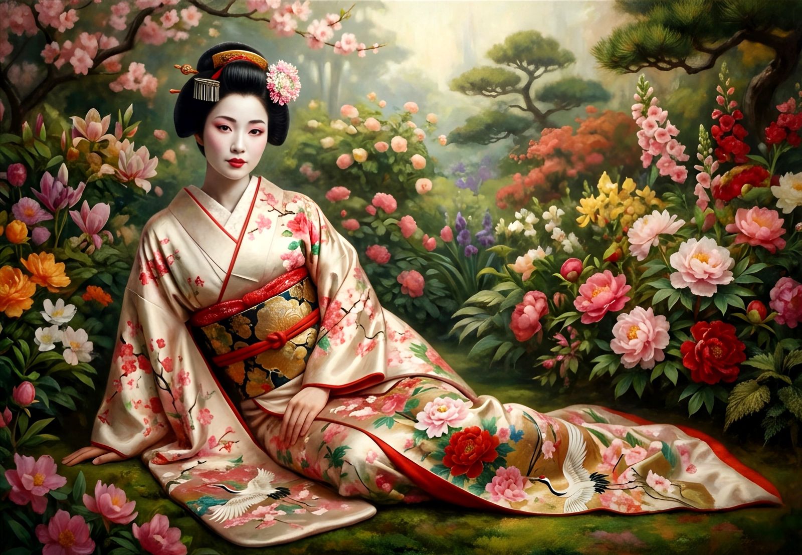 Lovely Haruyo Morita Geisha in a Beautiful Kimono in a Flower Garden