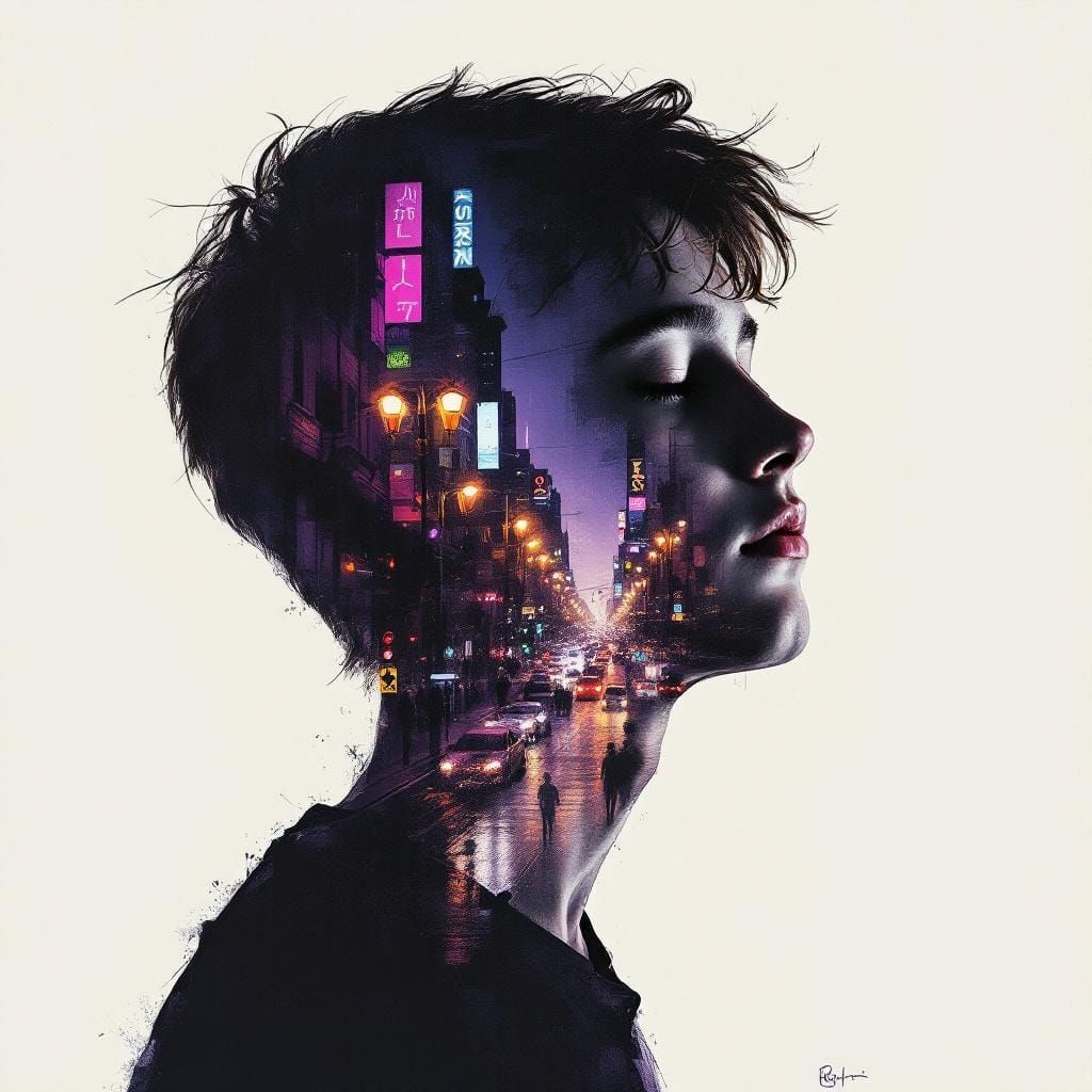 Teen Silhouette Reveals Cityscape in Abstract Oil Painting