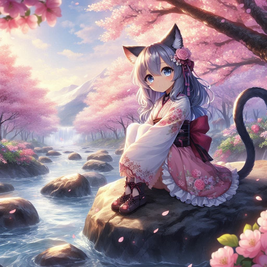 Cat girl enjoys the river by artist DOOFY