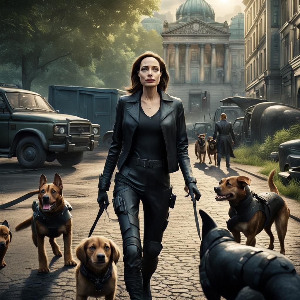 Angelina Jolie dressed in a leather catsuit takes her dogs for a walk ...