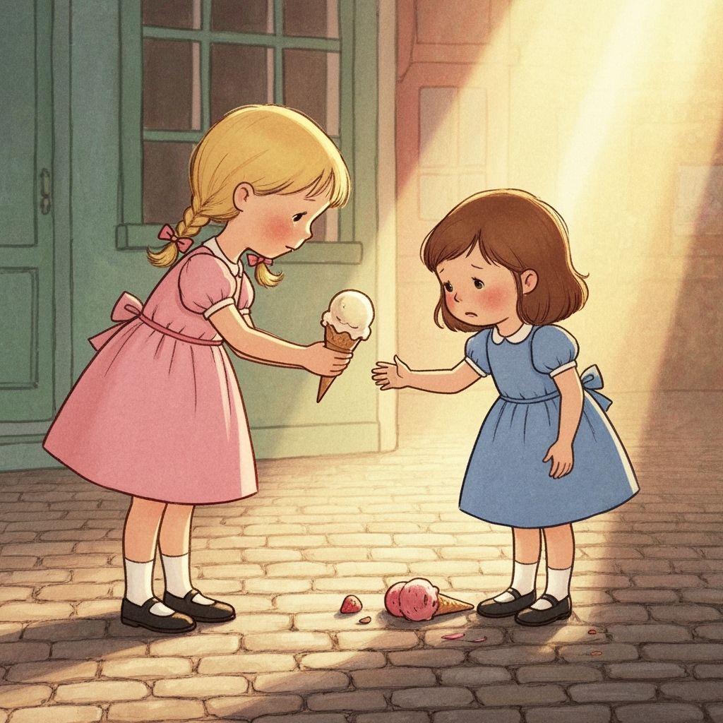 A little girl hands an ice cream to a younger girl who dropped her ice cream on the ground   by @Al_in_Tanzania