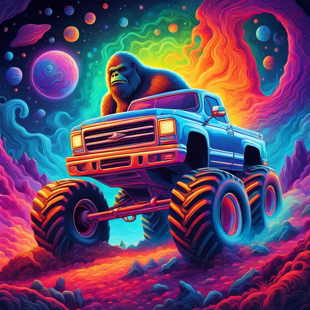 Bigfoot inside a monster truck. Vibrant color scheme, psyche...