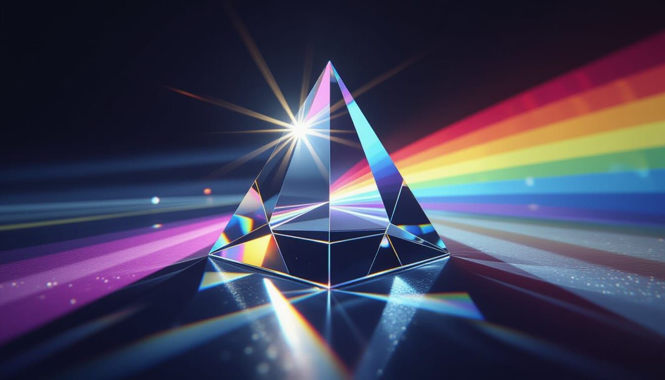 A stunning photorealistic close-up of light passing through a crystal-clear glass prism, captured in ...  by @undefined