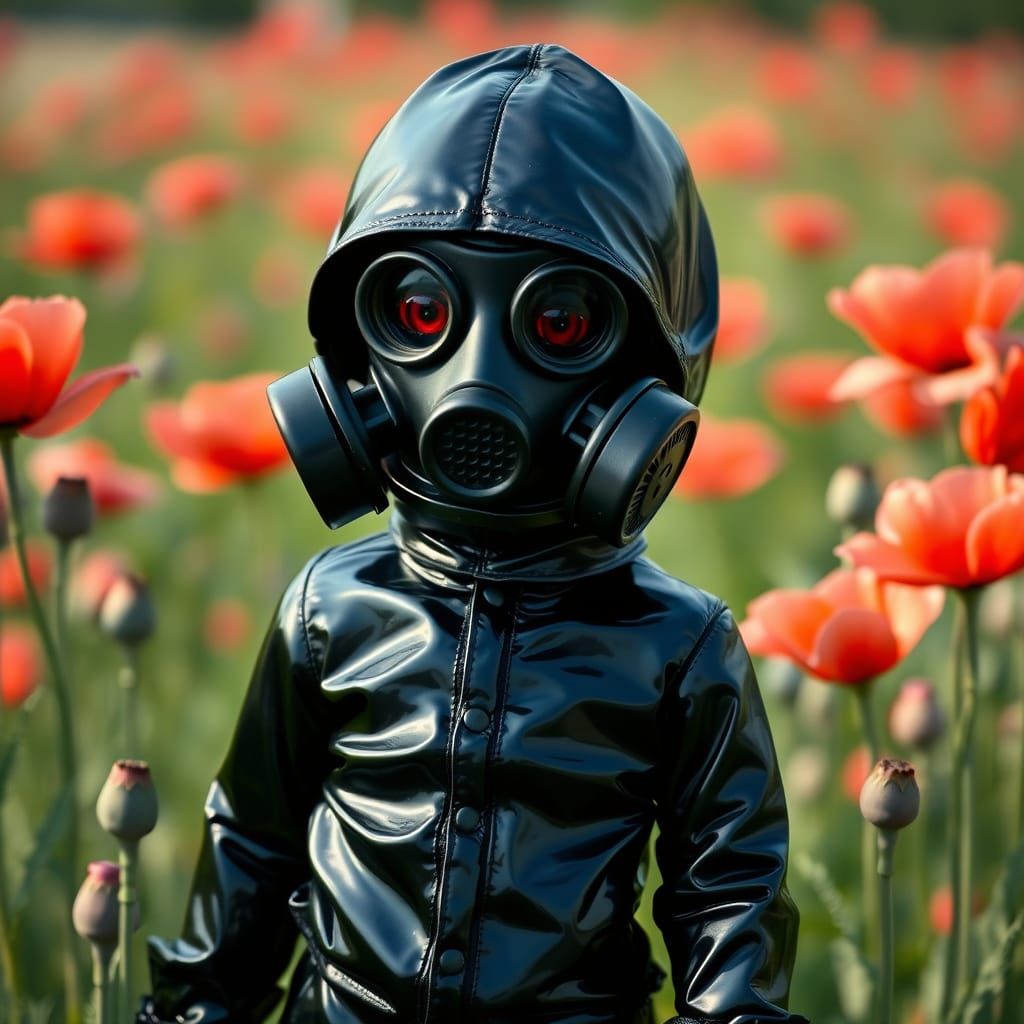 Gothic Doll in Poppies Field with Gas Mask