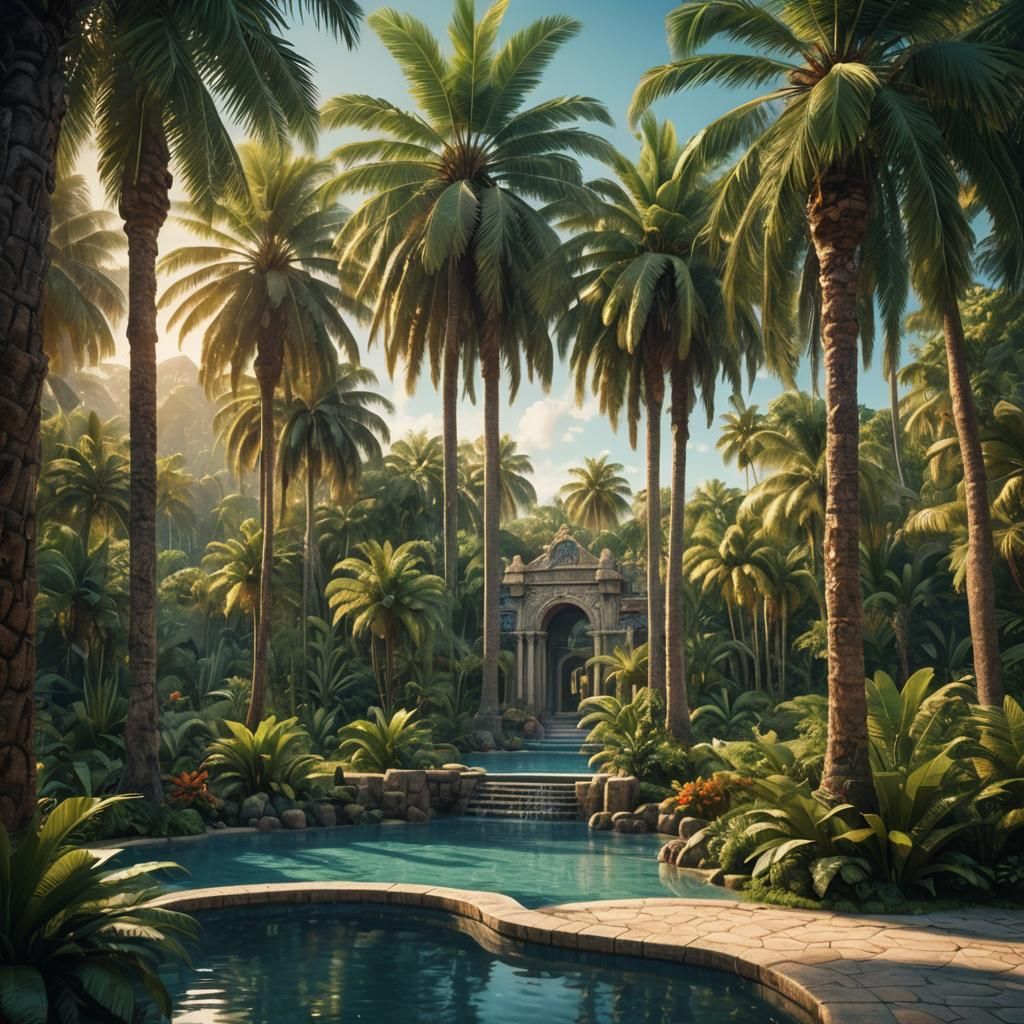 Tropical Paradise Pool in Golden Hour Lighting