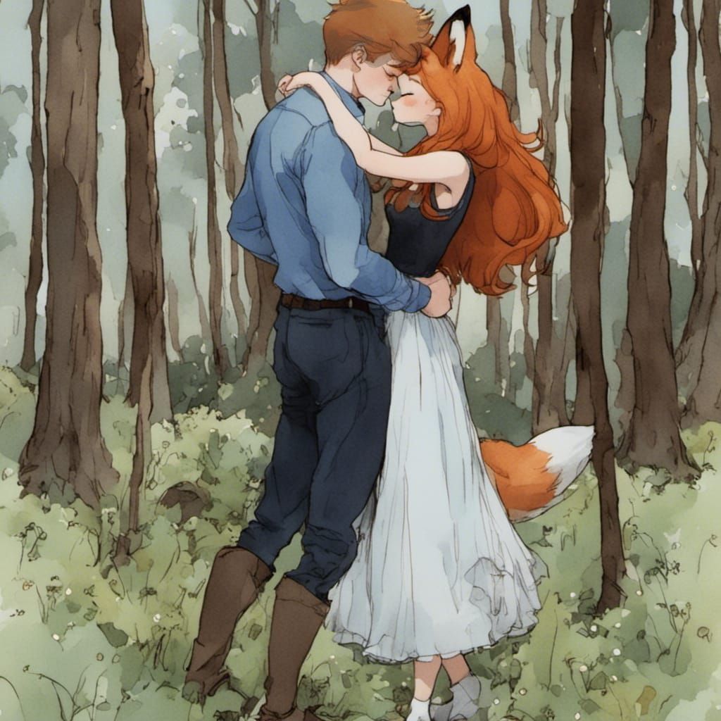 Adorable Fox-girl VIXEN, wearing a Cute tulle dress, kissing...