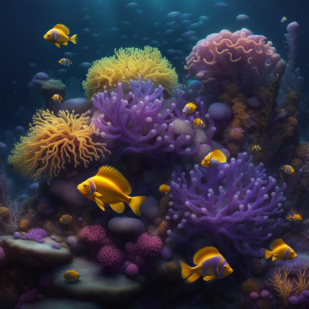 dark deep sea, iridescent sea creatures, fish anemones, cora...