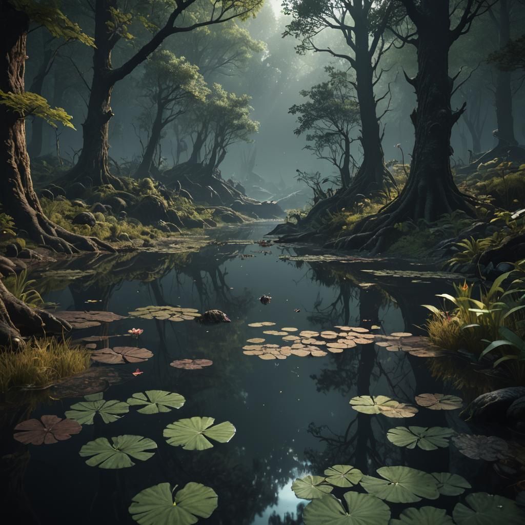 a silent, dark pond in the deep forest. the water is black. ...