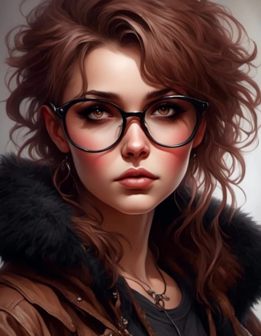 pretty scene girl brown hair; eyeglasses, detailed eyes (brown), Emo ...