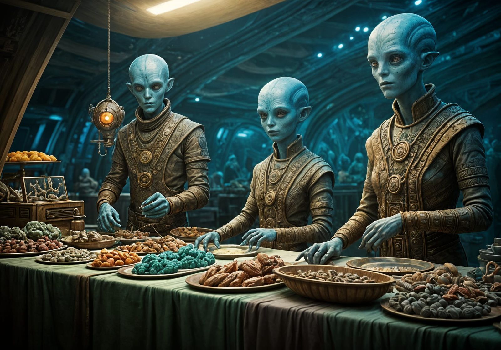 Galactic Bazaar of Wonders: Bustling Extraterrestrial Street Food Market Overflowing with Rare Minerals ...  by @Heralyn