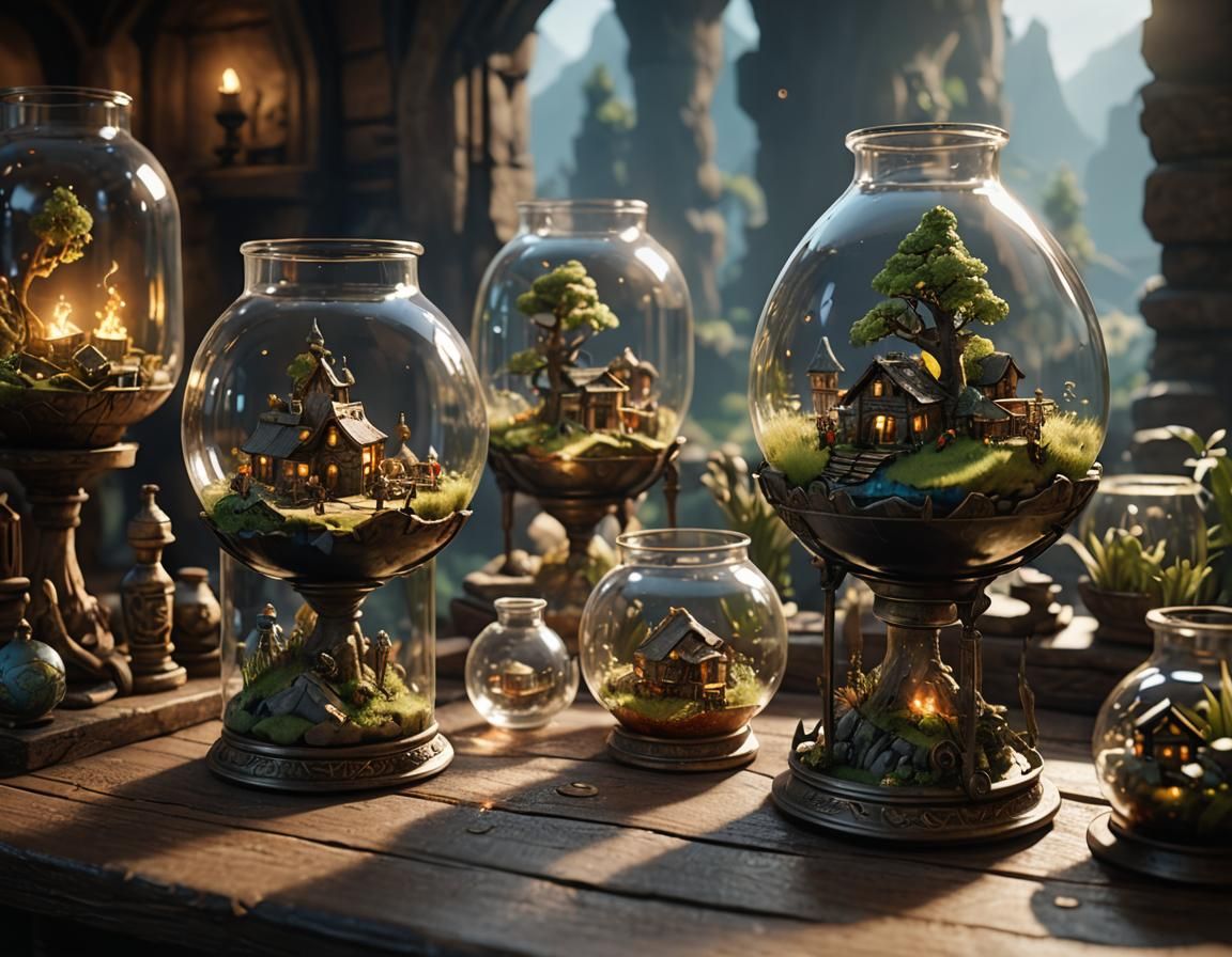 miniature world contained within glass vessels, 3D Game Cine...