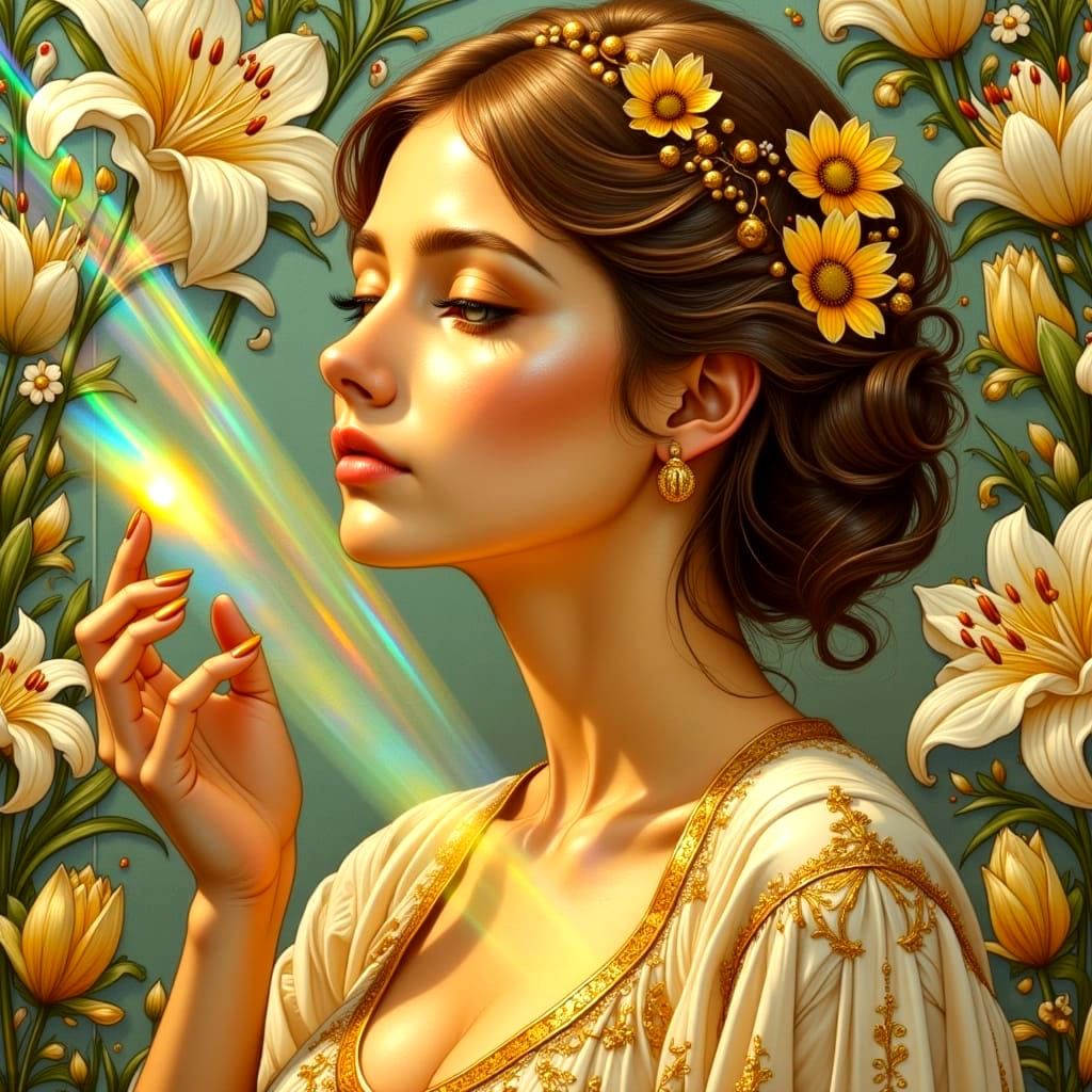 Rainbow Prism Light on Woman, Art Nouveau Style