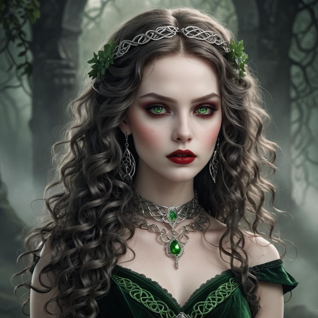 A vamp woman with stunning green eyes, pale skin, soft red plump lips ...