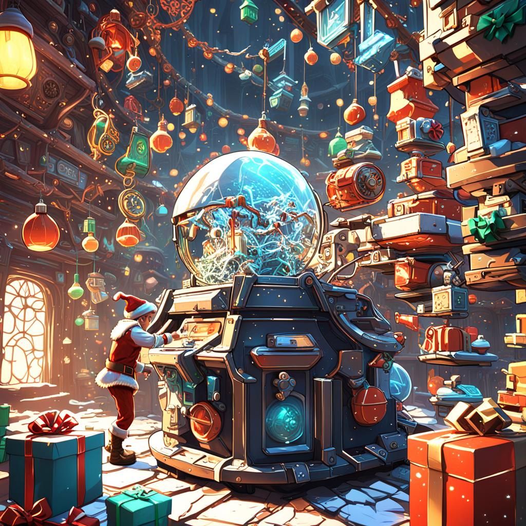 Elf's Chaotic Christmas: A 3D Rendering Inspired by Syd Mead