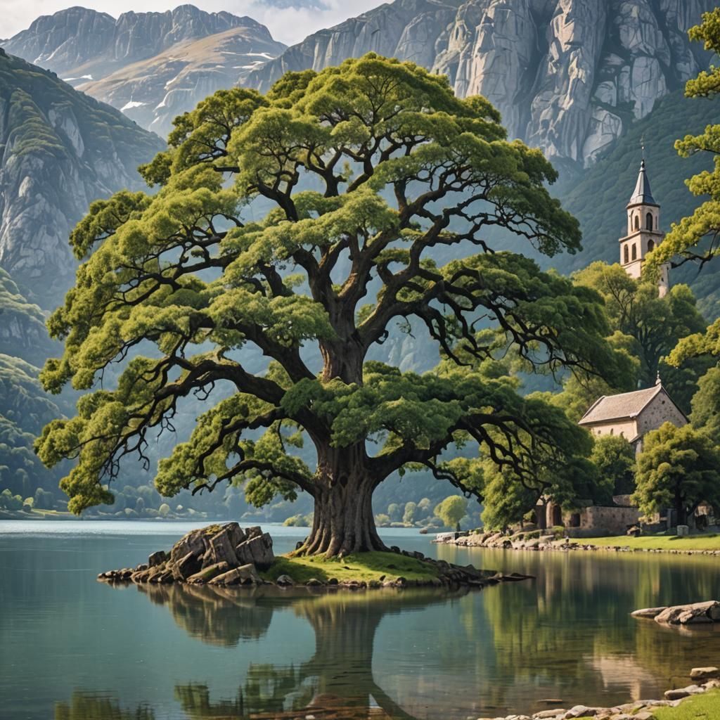 A beautiful ancient oak tree in front of a lake. Mountains and a stone church in the background.