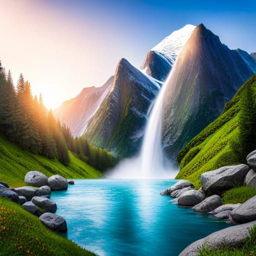 Waterfall and mountains