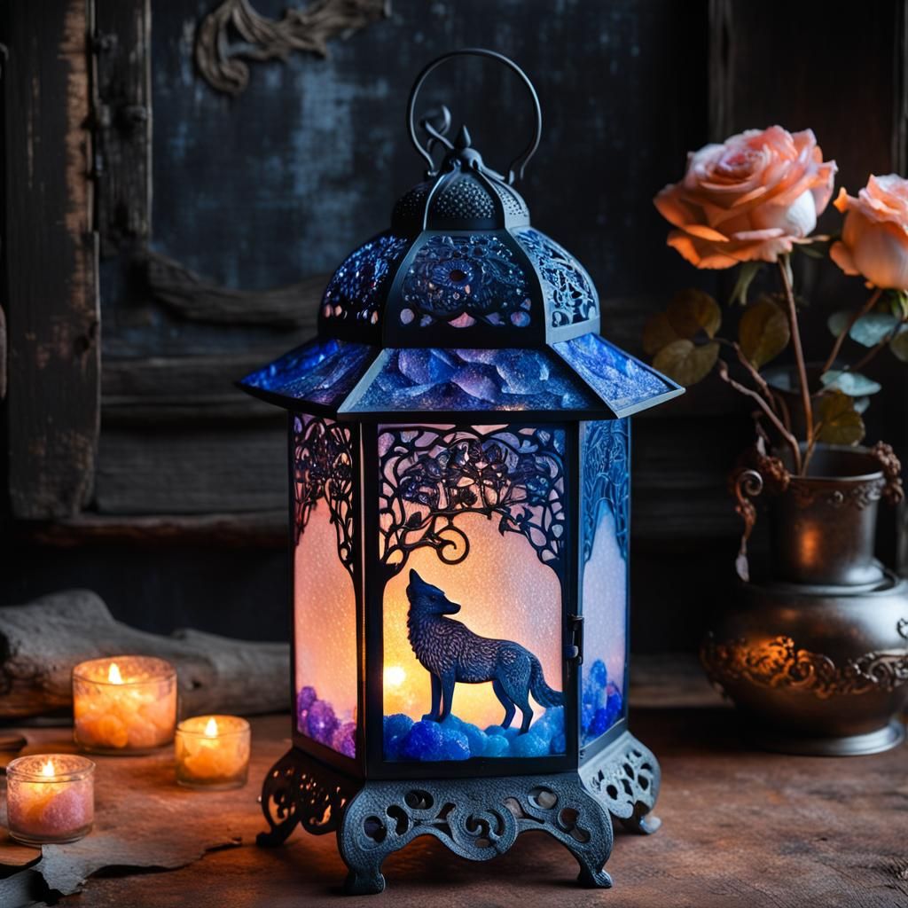 Salt art, nighttime, colorful cute and adorable Himalayan salt crusted glass lantern shaped like a wolf ...  by @HarrietM
