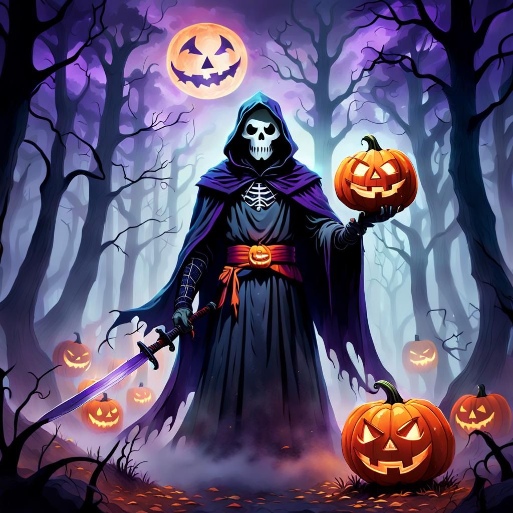 Ghost with Jack-o'-Lantern in Gothic Forest