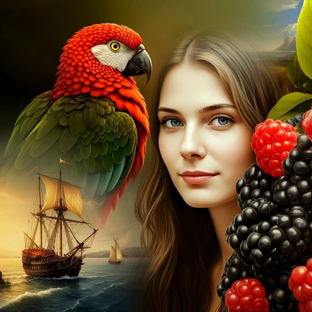 Surreal Collage of Bird, Berries, Woman, and Sailboat