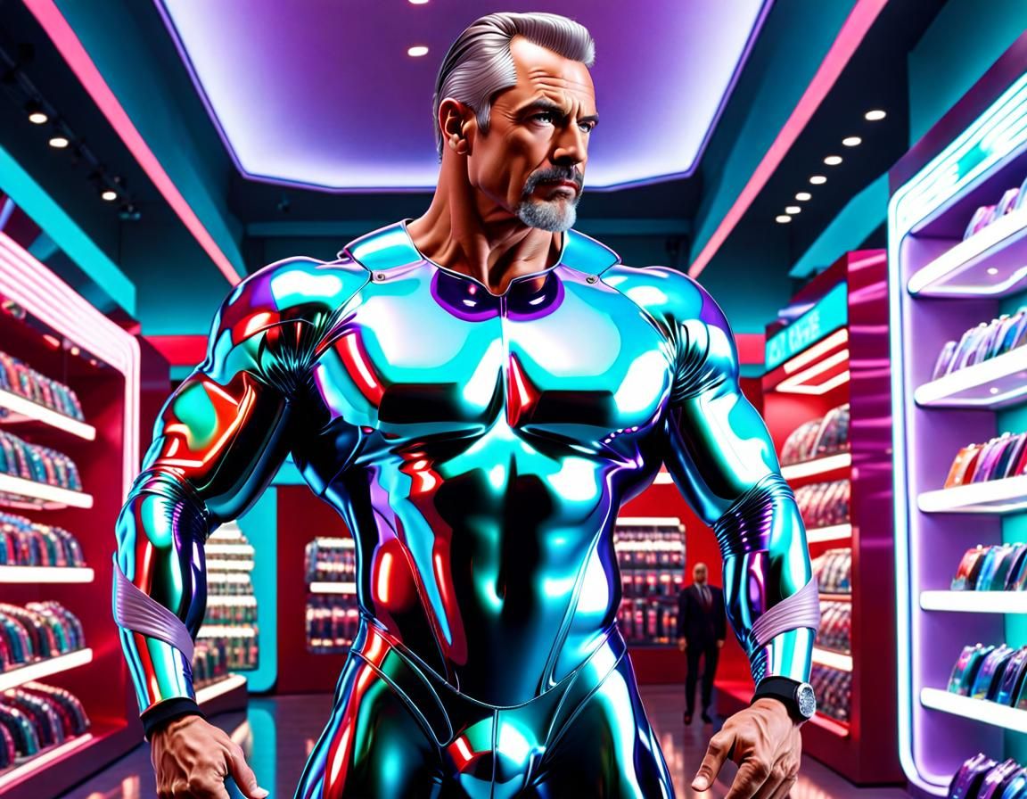 Y2K Futurism, Cyber Y2K, Mature bodybuilder in a chrome body...