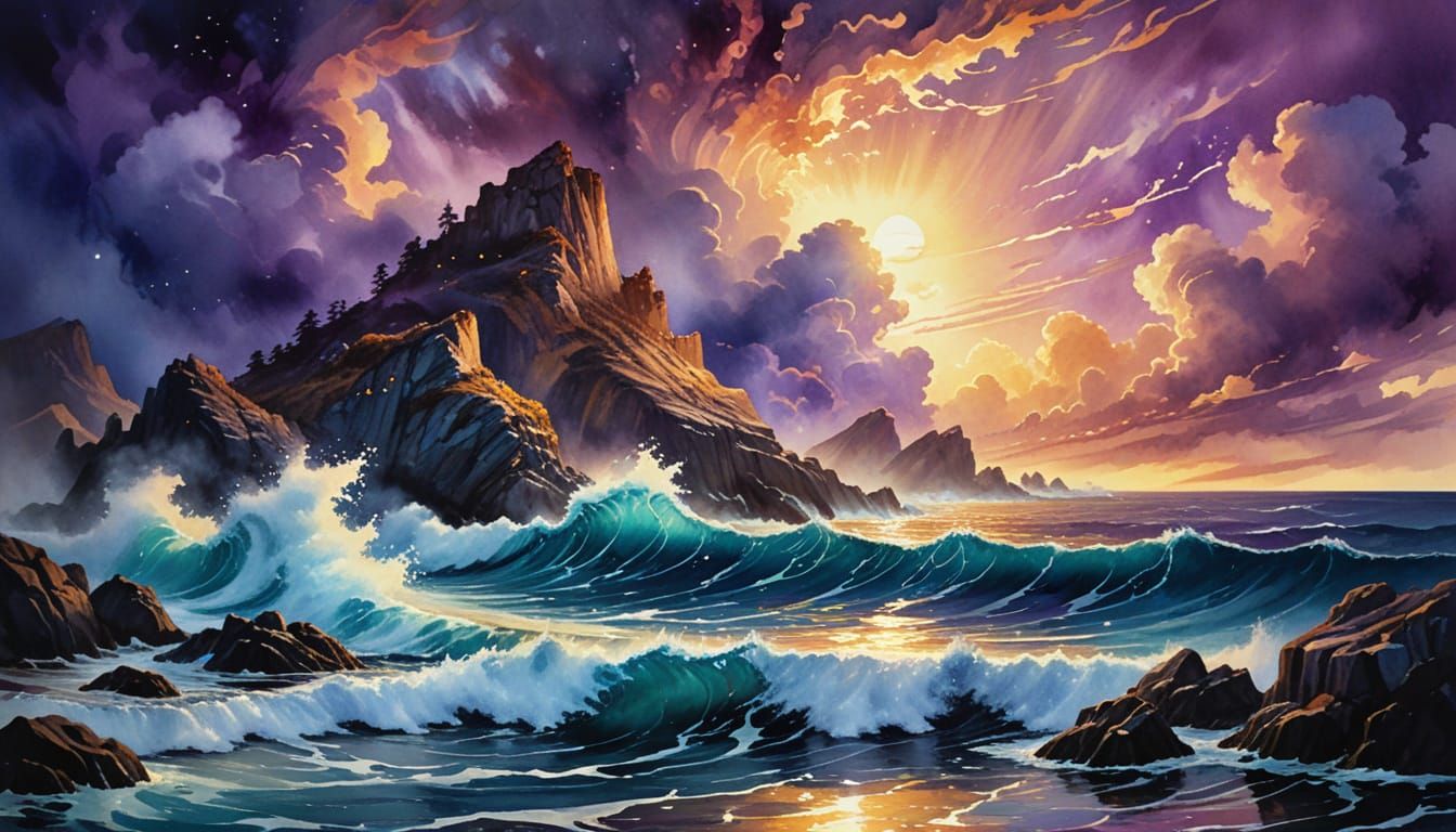 A surreal watercolor seascape at twilight — glowing bioluminescent waves lapping against jagged rocks, a vast starry sky blending into deep ...