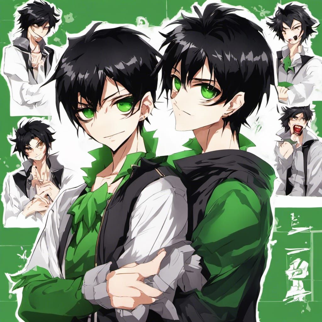 anime, Green eyes, vampire fang for teeth, black fluffy hair...