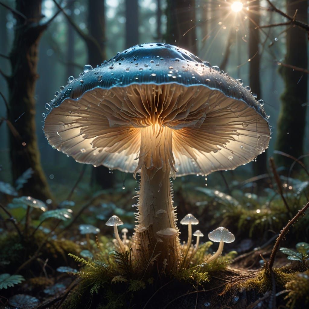 Bioluminescent Mushroom Macro Closeup in Dark Forest