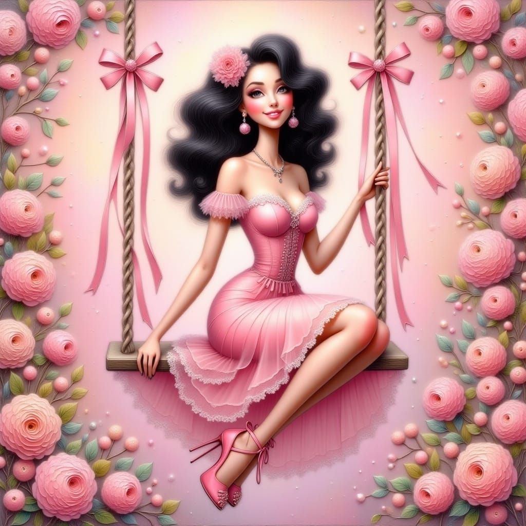 <lora:WHIMSICAL FLUX:1.0> a beautiful pin up girl with black and pink curly hair and pink dress, portrait among pink flowers, sitting on swi...