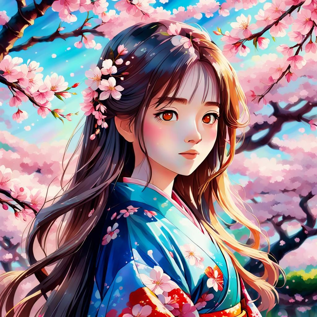 Anime Princess in Cherry Blossom Garden, Oil Painting