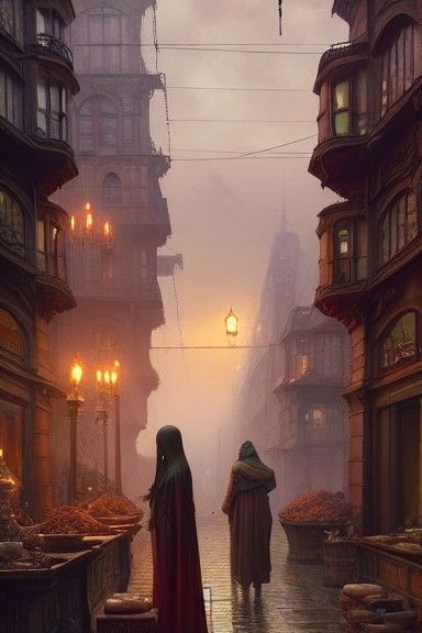 Street, shops, people, and a palace