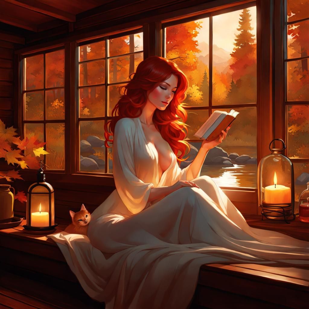 The cabin and its view are amazing, the redhead is beautiful. But that cat  is oh so cute! - AI Generated Artwork - NightCafe Creator