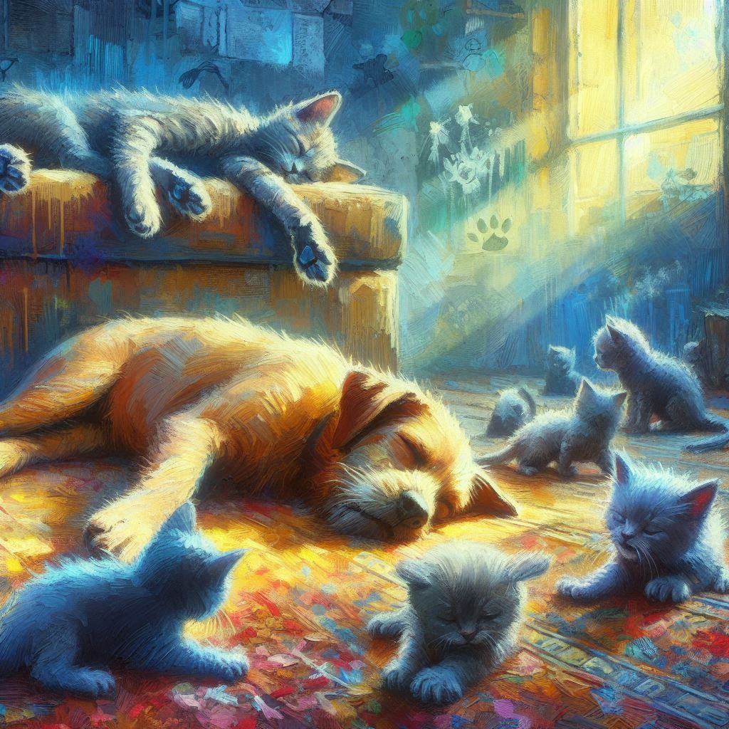 Kittens and sleeping dog