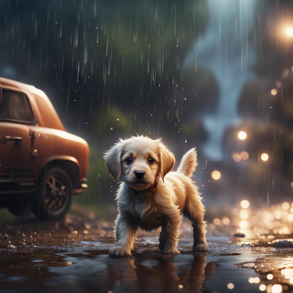 a puppy playing with the rain  by @Rob Robson