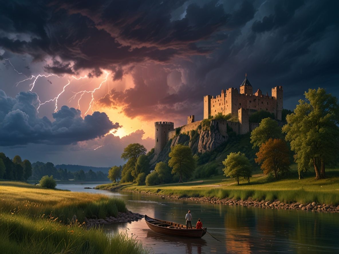 Castle and river with thunderstorm in evening light - remine...