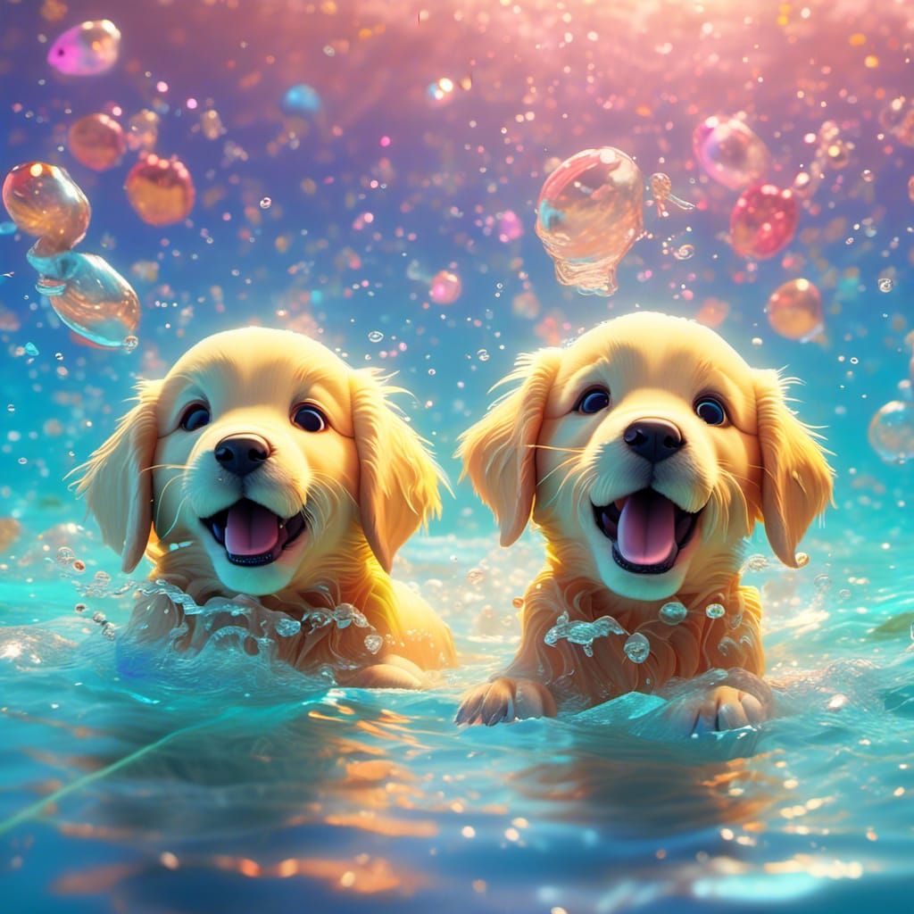 Golden Retriever Puppies Swimming: Pixar-Style 3D Art