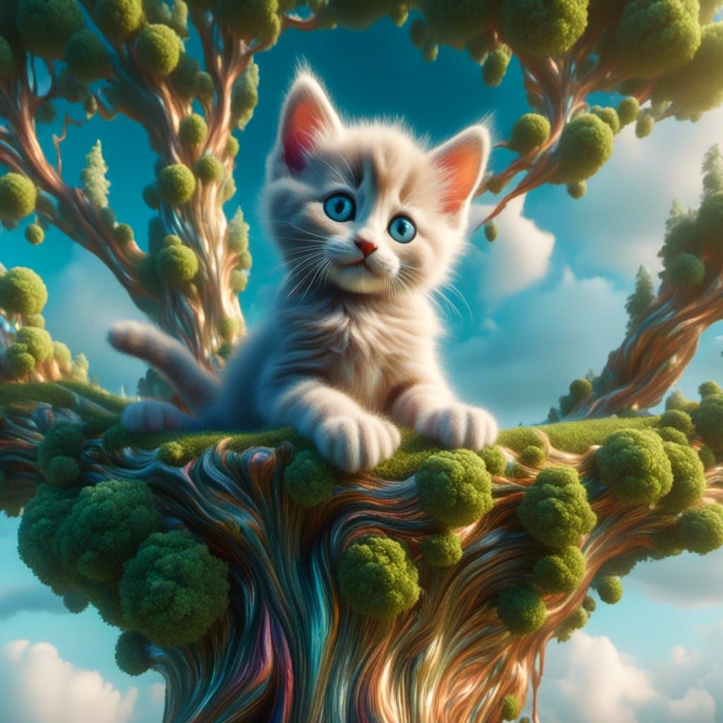 <lora:Halluciscape:1.0> a kitten in a tree