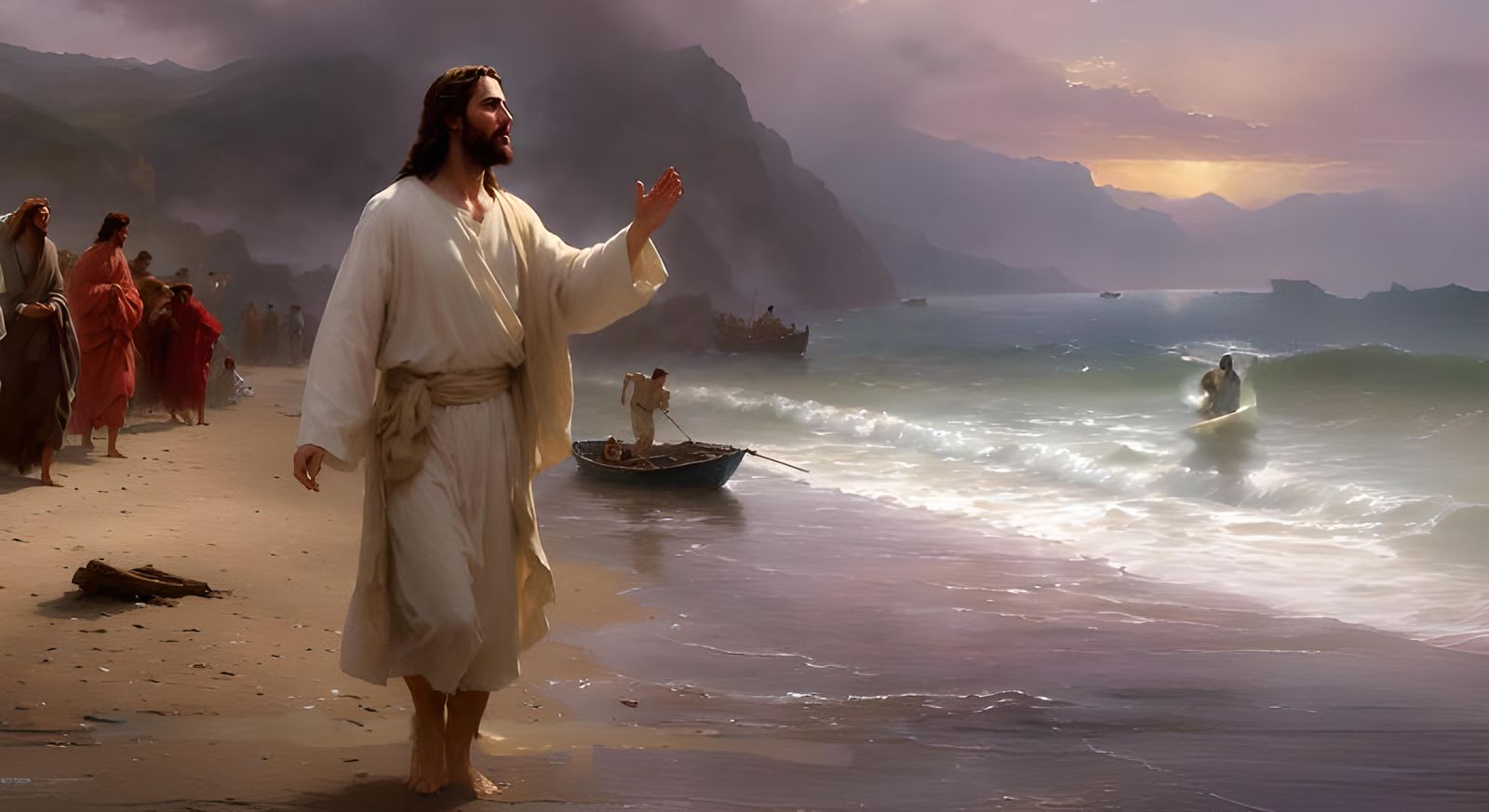 AR16x9-Jesus walking on sea shore teaching disciples in boat" -4553 -Creative Upscale .... **God ...