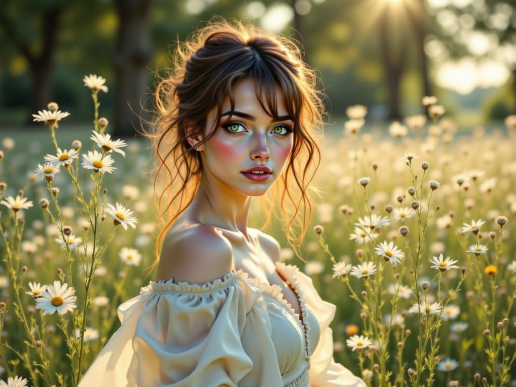 A hyper-realistic, hyper-detailed photorealistic painting of a beautiful young woman with messy brown hair, blue eyes, and sharp features we...