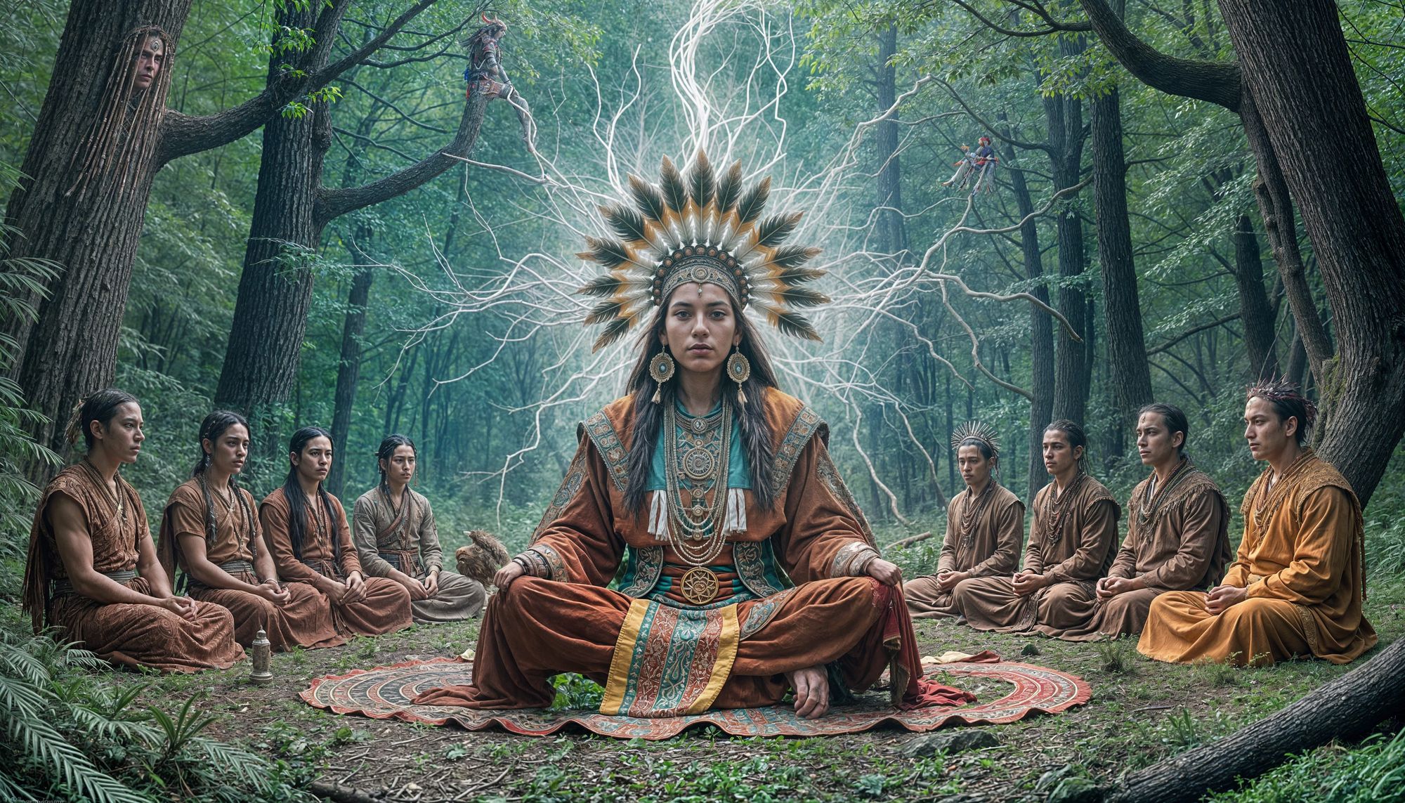  transcendent sacred scene in an ancient primordial forest clearing at the liminal hour between day and night. At the absolute center sits a...