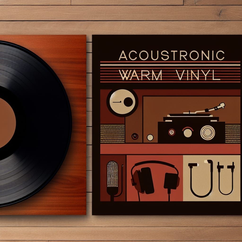 LP album cover art: "Acoustronic" "Warm Vinyl" (rich wood tones) (classic mid-century audio cables/turntable/headphones) ...  by @Skwirlijvieux