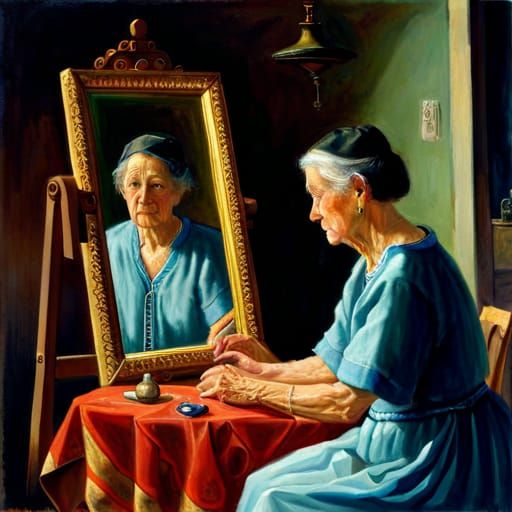 An old woman looking into one mirror reflecting a younger self at 21 ...