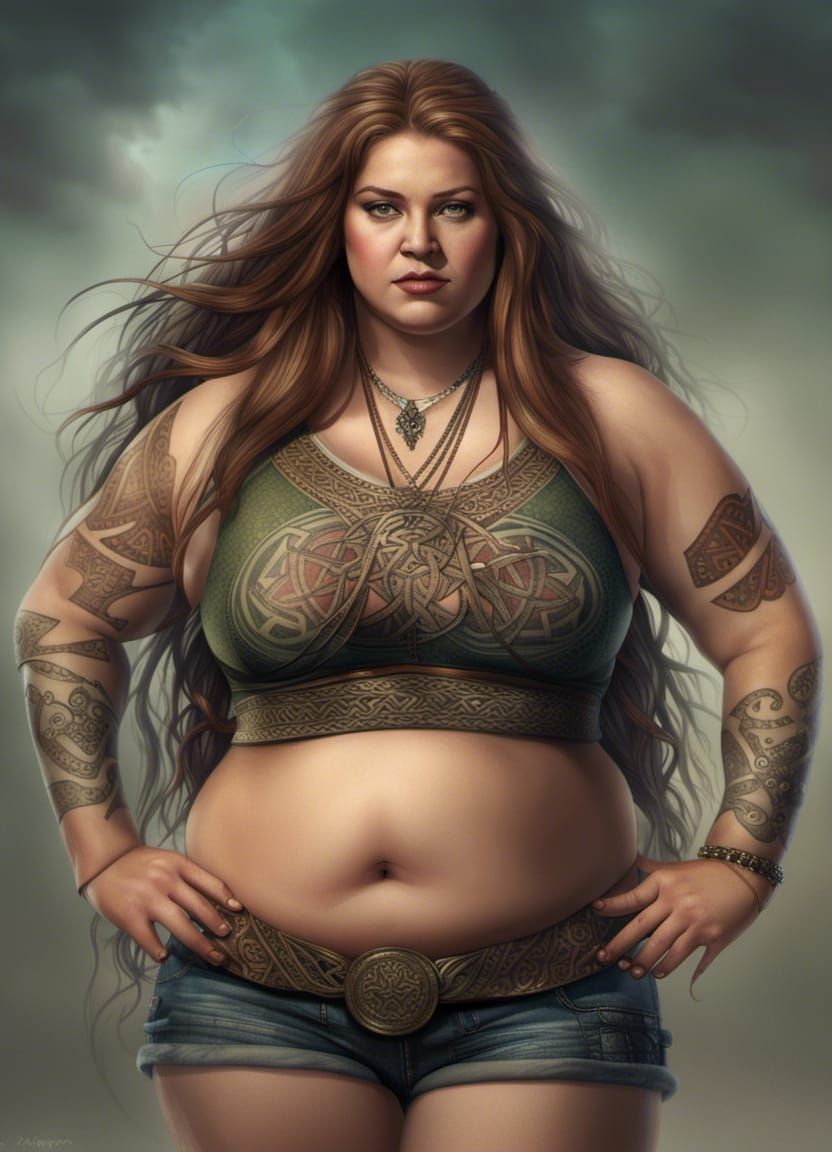 a woman, well-proportioned , long hair, round chubby face, was a plus-sized  model, obese body, Celtic tattoos, wear tank tops , wear sh... - AI  Generated Artwork - NightCafe Creator